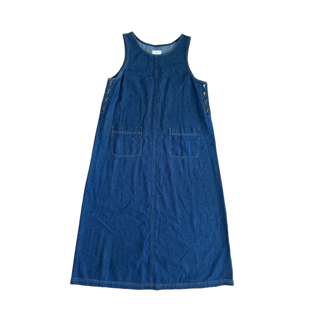 Susan Bristol Casuals Denim Jumper Dress Blue Cotton Maxi Side Button Pockets L